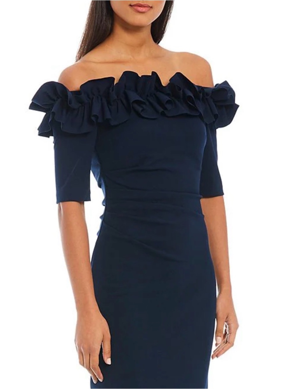 NWT Xscape Evenings Off-Shoulder Ruffle Detail Crepe Evening Column Gown Blue 4